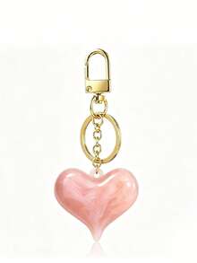 Vintage Amber Tortoise Shell Pattern Resin Heart-Shaped Keychain, Marial Brown Beaded Bag Charm - Multicolor - View 16