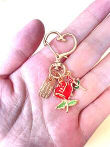 Alloy Heart Clasp Keychain, With Red Rose Charms & Embossed Metal Tag, Suitable For Bag Pendant, Car Keychain, Lovely Gift For Birthday & Festival - Multicolor - View 3