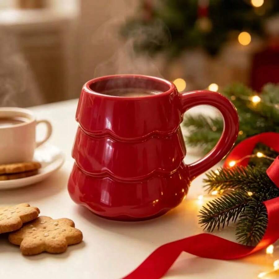 1pc Christmas Tree Ceramic Mug, 300ml/10.14oz Minimalist Style Christmas Theme Coffee Cup Milk Cup, Suitable For Christmas Holiday, Office Gathering, Cute Christmas Gift - Multicolor - View 1