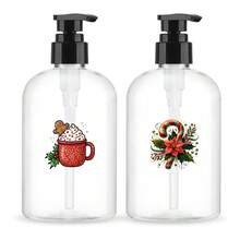 2 Botol Pompa Plastik Bening Motif Bunga Poinsettia dan Permen Tongkat 300ml, Wadah Sabun Tangan Isi Ulang untuk Meja Rias, Cocok untuk Liburan - MultiWarna - View 1