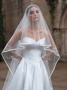 1pc Double-Layer Satin Edged Bridal Veil, Fingertip & Cathedral Length, Suitable For Wedding, Beach Wedding Photography, Storefront Display, With Hair Comb, Summer - Milky White - View 6