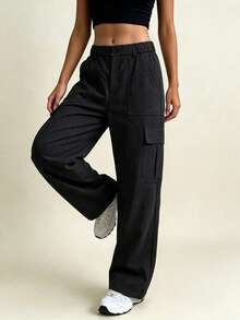 AHTELB Women's Spring/Autumn Cargo Wide Leg Pants, Elastic Waist Design For Comfortable Fit Without Tightness, Sleek Wide Leg Cut To Flatter Leg Lines, Multi-Pocket Design For Style And Practicality, Convenient Storage For Small Items, Effortlessly Create Outfits, Suitable For City Walks, Daily Wear, Short Trips And More. For Friends, Wives, And Girlfriends. - Black - View 3