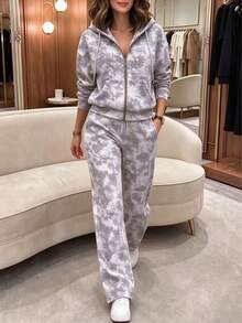 Autumn Fashion Women's Casual Hooded Zip-Up Jacket 2 Pieces Set, Leaf Print, Slightly Elastic Fabric, With Pockets, Suitable For LDW, Halloween, Weekend, , Game Day, Christmas Outfit, Thick Thighs, Saves Lives, Autumn Must-Have Recommendation - Light Grey - View 3
