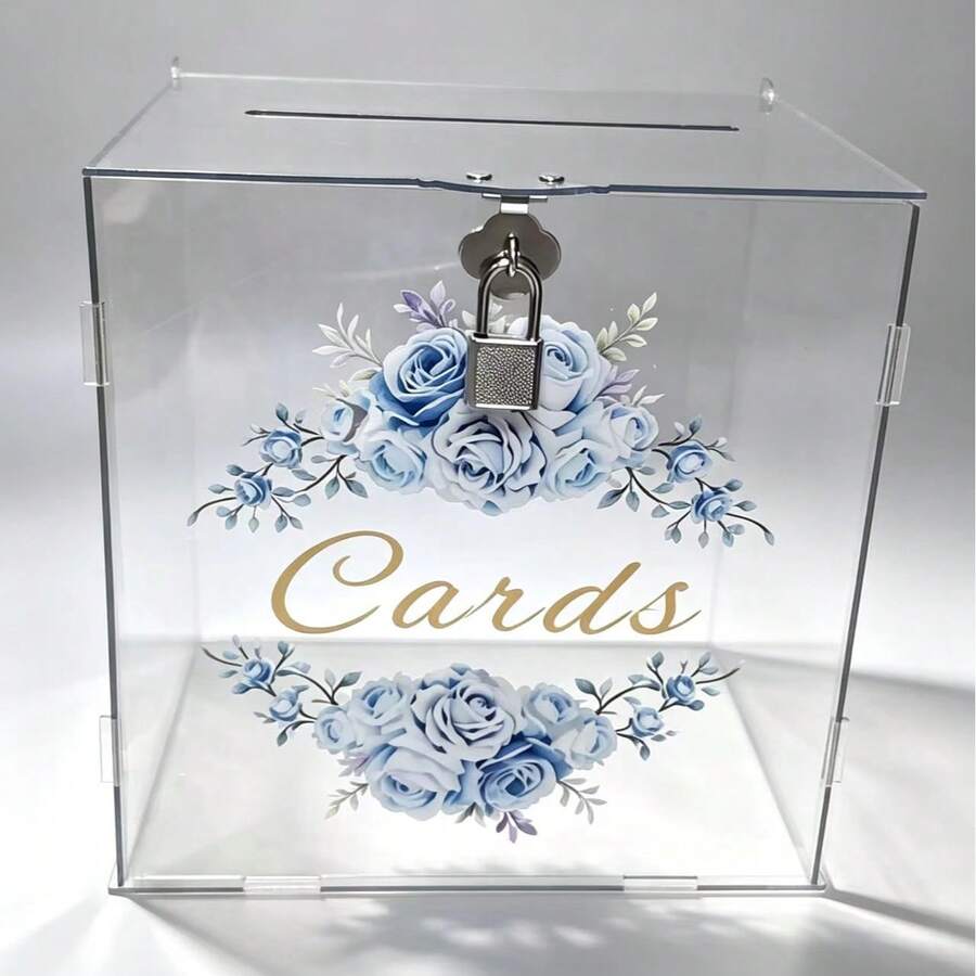 Blue Rose Print Transparent Acrylic Greeting Card Storage Box With Lock - 1PC - View 1