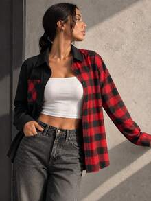 Women's Red And Black Plaid Patchwork Button Front Shirt With Chest Pocket, Long Sleeve Collared Casual Top - Black - View 2