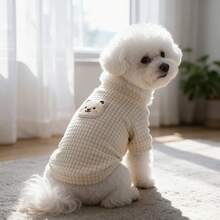 1PC Waffle Knit Dog T-Shirt, Cute Bear Patch Half High Collar Pet Short Sleeve Shirt, Soft Stretchy Daily Clothes For Small Dogs Bichon Maltese Poodle - Apricot - View 9
