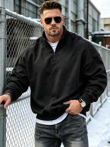 Men's Half-Zip Sweatshirt, Fashionable Sports Stand Collar Top, Suitable For Daily Wear, Exercise And Vacation, Perfect Gift For Husband - Black - View 3
