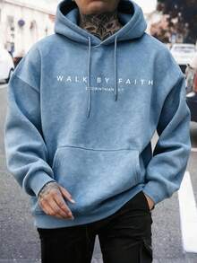 Men's Letter Print Washed Hoodie, Casual Loose Fit Pullover Sweatshirt - Baby Blue - View 1