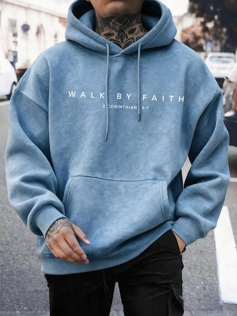 Men's Letter Print Washed Hoodie, Casual Loose Fit Pullover Sweatshirt - Baby Blue - View 1