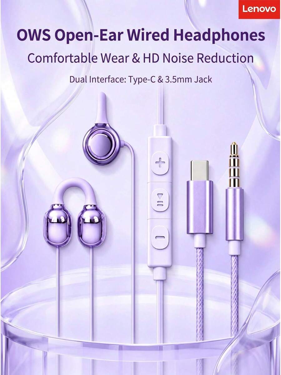 Lenovo Earphone kabel jepit "Superpower" tidak dimasukkan ke dalam telinga. Earphone ini menawarkan panggilan definisi tinggi dengan peredam kebisingan dan koneksi langsung ke ponsel dan komputer. Kompatibel dengan Xiaomi, Vivo, dan perangkat antarmuka Type-C lainnya. - View 1