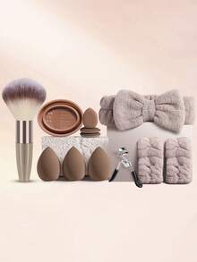 12 Pcs Makeup Tool Set, 1 Pc Coffee Short Makeup Brush And 11 Pcs Beauty Accessories, Complete Makeup Tools For Base And Eye Makeup, Suitable For Powder, Cream And Liquid Cosmetics, Fluffy Gradient Bristles, Friendly For Makeup Beginners. - Multicolor - View 1