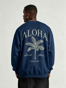 Men's Fashion Creative Design Printed Graphic Sports Casual Commute Versatile Long Sleeve Slim Fit Crew Neck Sweatshirt - Navy Blue - View 1