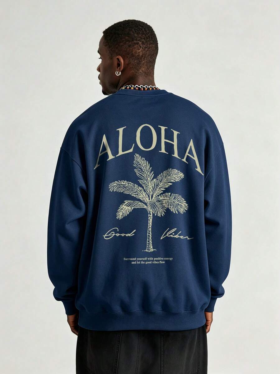 Men's Fashion Creative Design Printed Graphic Sports Casual Commute Versatile Long Sleeve Slim Fit Crew Neck Sweatshirt - Navy Blue - View 1