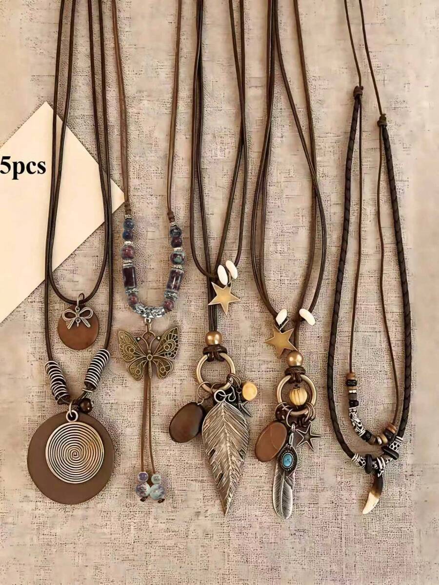 5pcs Bohemian Wood & Copper Pendant Leather Cord Necklace Set, Lightweight Vintage Versatile Jewelry - Assorted Colors - View 1