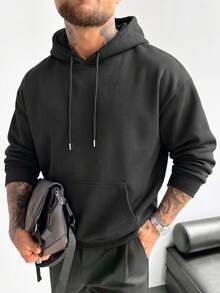 1pc Sweatshirt, Solid Color Drawstring Hood, Ribbed Cuffs And Hem, Pullover Style, Soft Skin-Friendly Knit Fabric, Comfortable And Easy To Care For, Casual Versatile All-Match Style, Suitable For City Outings, Friends Gatherings, Walking And Shopping - Black - View 5