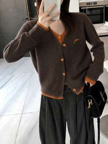 Alicedudu Cardigan Sweater 2-in-1 Leher V Minimalis untuk Wanita Musim Gugur/Dingin - Coffee Brown - View 3