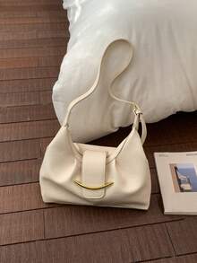 Fashionable Elegant Metal Buckle Decor Women's Shoulder Bag, High-End Minimalist Adjustable Strap Crossbody Bag, Gold Hardware, Sophisticated - White - View 6