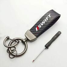 1pc For SUZUKI Swift Car Keychain - Black & Red Carbon Fiber Design, Durable Zinc Alloy Ring, PU Leather Key Rope With Screwdriver - Black - View 1