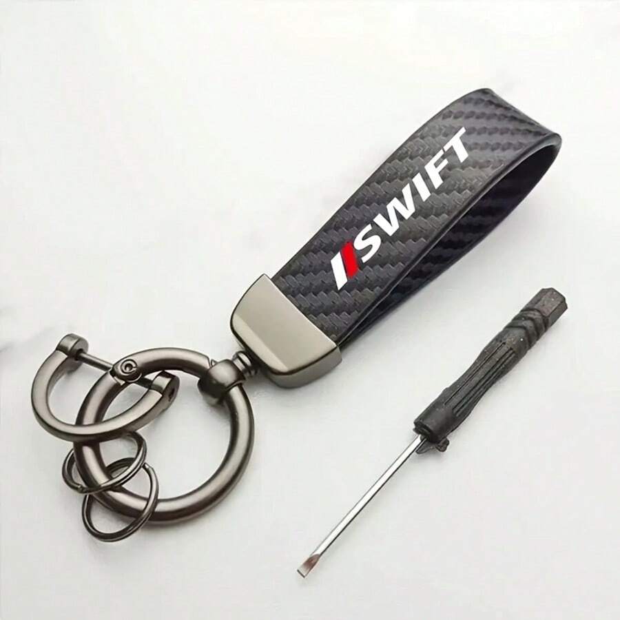 1pc For SUZUKI Swift Car Keychain - Black & Red Carbon Fiber Design, Durable Zinc Alloy Ring, PU Leather Key Rope With Screwdriver - Black - View 1