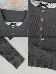 Korean Style Square Neck Polka Dot Bowknot Fishtail Hem Ruffle Waist Long Sleeve Knit Sweater Women Autumn Winter Inner Layer Base Layer Button Slim Fit Pure Desire Sweater Top - Dark Grey - View 9