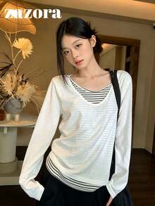Striped 2 In 1 Long Sleeve T-Shirt, Korean Style Lazy Loose Casual Top, Autumn Clothing - White - View 4