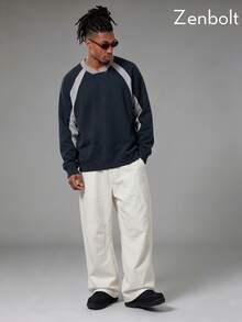 ZenBolt 冬季男士拼色落肩袖衛衣－休閒 V 領長袖套頭衫－寬鬆運動休閒居家服 - 藏蓝色 - 查看 4