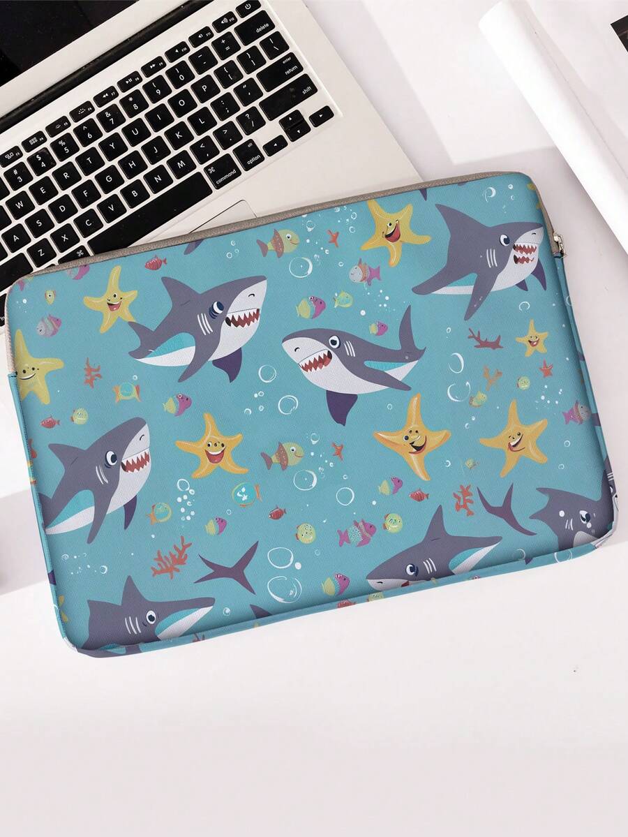1pc Shark Sea Turtle Print Laptop Sleeve, Shockproof Zipper Notebook Protective Bag, Portable Computer Case For School Office Travel - Multicolor - View 1