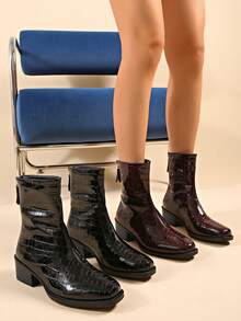Women's Ankle Boots, New Autumn/Winter Fashion Comfortable Ankle Boots With Glossy Leather Stone Texture, Chunky Heel And Back Zipper Design, Suitable For Commuting, Outdoor And Gatherings - Burgundy - View 5
