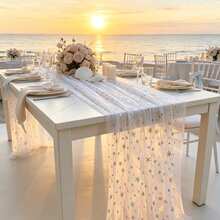 1pc White Dreamy Colorful Snowflake Table Runner, Christmas Table Decor, 75*305cm, Polyester Mesh, Colorful Snowflake Foil Stamped Table Runner, Transparent Tulle Dining Table Decoration, Wedding Party Atmosphere Table Decor, Banquet Wedding Dessert Table Decoration Long Tablecloth, Christmas Holiday Party Table Runner - White - View 5
