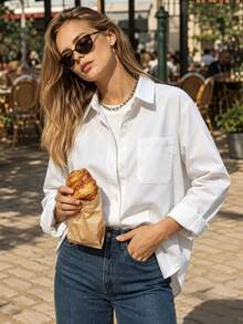 Women's Solid Color Pocket Front Button-Down Casual Shirt, Autumn White - White - View 3