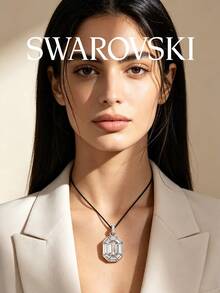 Kalung Swarovski Lucent Octagonal Cut Black Cord untuk Wanita, Liontin Kristal Transparan Persegi Panjang Besar, Tali Panjang yang Dapat Diatur, Perhiasan Mewah - Perak - View 5