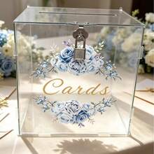 Blue Rose Print Transparent Acrylic Greeting Card Storage Box With Lock - 1PC - View 3