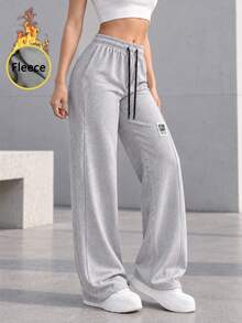 Women Thermal Lined Wide Leg Full Length Pants With Drawstring Elastic Waist Relaxed Fit Casual Sweatpants For Daily Wear. - Grey - View 7