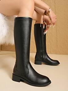 Fall/Winter 2025 New Arrival Leather Tall Elastic Boots, Mid-Heel Versatile Over-The-Knee Thick Sole Riding Boots For Women - Black - View 8