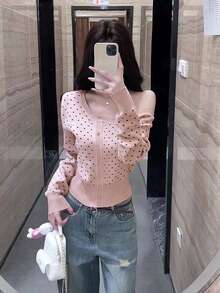 Pink Polka Dot Asymmetric Shoulder Long Sleeve Knit Cardigan Women Autumn Versatile Top - Pink - View 4