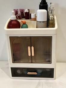 Large Capacity Desktop Cosmetic Storage Cabinet With Drawers And Layered Dust-Proof Storage Box, Transparent Visible Striped Door Design, Skincare Storage Rack, Lipstick, Lip Balm, Perfume, Lotion, Cream Classification And Organization, Multi-Compartment Countertop Storage Box, Vanity Skincare Organizer Cabinet, Bathroom Sink Storage Rack, Bedroom Makeup Table Desktop Organizer, Space-Saving, Say Goodbye To Clutter, Suitable For Skincare, Makeup, Perfume And Daily Small Items Classification And Storage - Multicolor - View 11