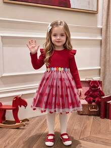 YOUNG Girls Christmas Red Ribbed Knit Dress Long Sleeve Ruffle Glitter Heart Mesh Tulle Tutu Skirt Flower Waistband Holiday Party Gown - Burgundy - View 8