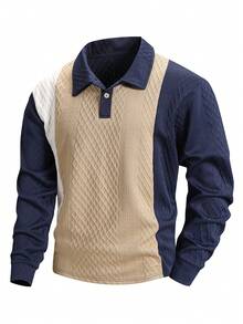 Kemeja Polo Lengan Panjang Pria Kasual Serbaguna untuk Musim Semi/Gugur dengan Desain Blok Warna - Biru - View 2