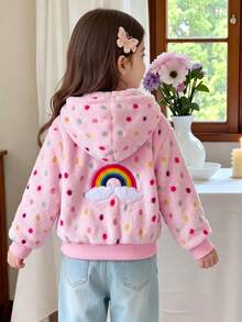 Girls Cute Embroidered Rainbow & Colorful Polka Dot Hooded Fleece Jacket, Children Autumn Winter Warm Thick Plush Zipper Coat - Pink - View 2