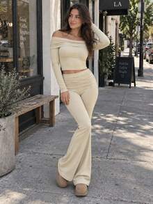 Women's Casual Cold Shoulder Crop Top And Flare Pants Loungewear Set, Medium Stretch 2 Pieces Set, Suitable For Autumn - Champagne - View 3