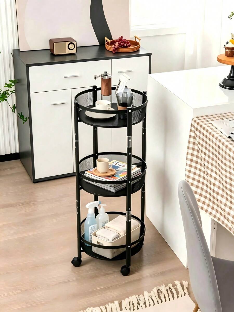 3‑Tier Round Rolling Storage Cart, Mobile Metal Utility Cart With Universal Wheels, Multifunction Organizer Cart For Kitchen, Living Room, Bedroom - Multicolor - View 1