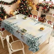 1件裝聖誕森林主題桌布，飾有雪松、馴鹿、狐狸、兔子、小屋與紅莓裝飾，適用於餐桌布置、廚房檯面裝飾、野餐露營墊、派對場景營造、農舍風裝飾、節日氛圍提升及日常桌面美化 - 彩色 - 查看 6