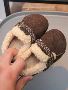 Children's Autumn/Winter Embroidered Buckle Fuzzy Shoes, Plush Trim Soft Sole Anti-Slip Warm Baby Girls' Shoes - Brown - View 1