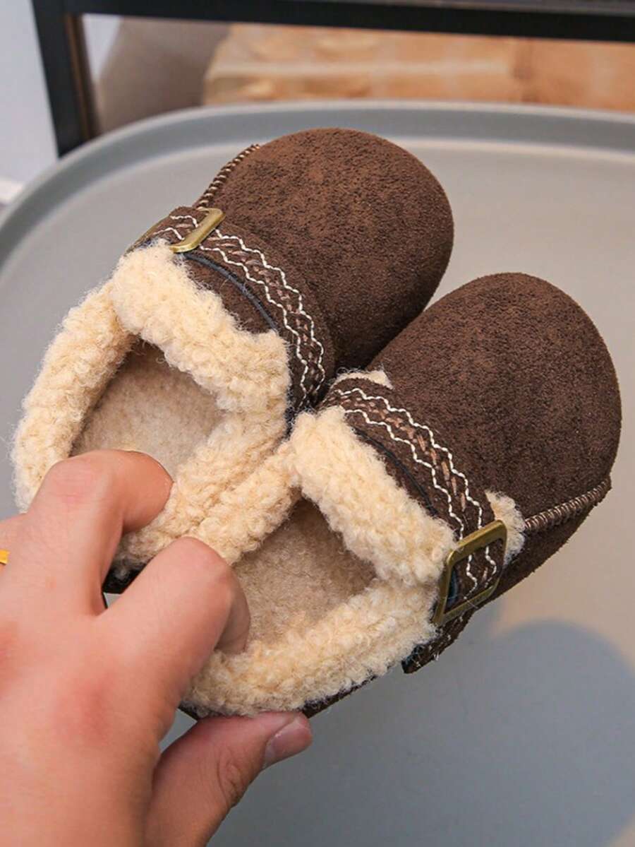 Children's Autumn/Winter Embroidered Buckle Fuzzy Shoes, Plush Trim Soft Sole Anti-Slip Warm Baby Girls' Shoes - Brown - View 1
