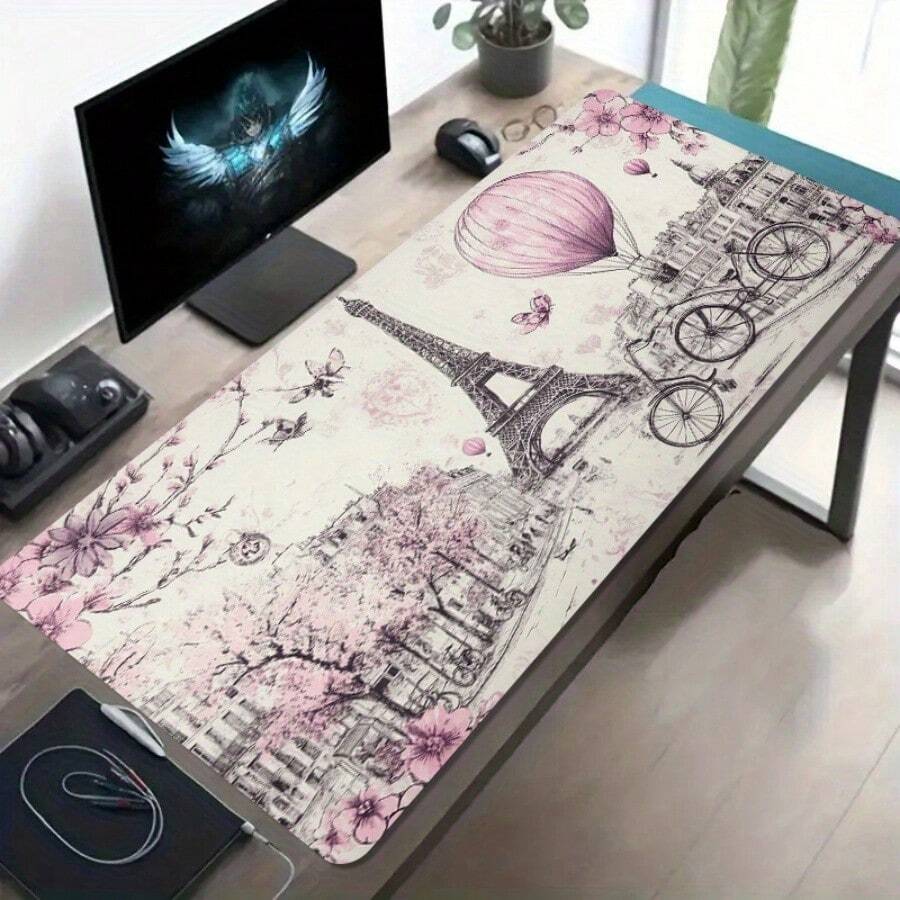 1pc Large Electronic Sports Gaming Mouse Pad, Pink Flower Eiffel Tower Romantic Street Scene Pattern, Anti-Slip, Washable Rubber Bottom Large Size Desk Mat Office Desk Accessory, Computer Decoration Accessory Desktop Decor Dirt-Resistant Gaming Mouse Pad, Ideal Gift For Gamers, Extra Long Desk Mat, Fashionable Office Desktop Decoration And Study Accessory - View 1