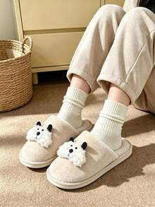 Women's Cute Cartoon Dog Plush House Slippers, Warm Indoor Slippers, Cozy Winter Slip-On Home Slippers - Style a - Khaki - View 1