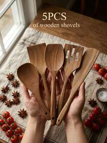 5PCS Wooden Cooking Utensils, Including Spatula, Slotted Spoon, Rice Paddle, Scraper, Soup Ladle, Wooden Kitchen Accessories, Christmas Halloween Kitchenware, Full Set Tableware, Kitchen Gadgets, Home Goods, Kitchen Accessories, Tableware Set, Kitchen Utensils, Suitable For Cooking Pots, Baking, Non-Stick Pans, Apartment Accessories, Camping Gear, Camping Essentials, Camping Supplies, Wedding Guest Favors - Khaki - View 1