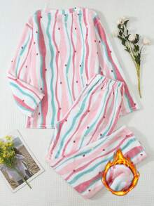 2pcs/Set Women's Winter Camouflage Striped Thermal Lined Thick Round Neck Long Sleeve Pants Soft Comfortable Pajama Set - Pink - View 2
