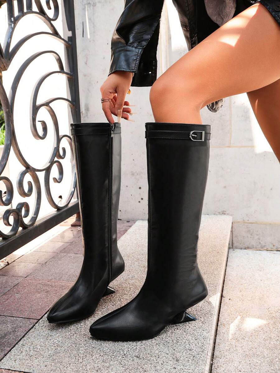 Women's Vegan PU Pointed Toe Knee High Boots, Metal Buckle Decor, Sculptural Irregular Heel, Side Zipper, Autumn Winter, For Daily & Party Wear