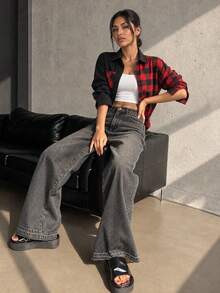 Women's Red And Black Plaid Patchwork Button Front Shirt With Chest Pocket, Long Sleeve Collared Casual Top - Black - View 4